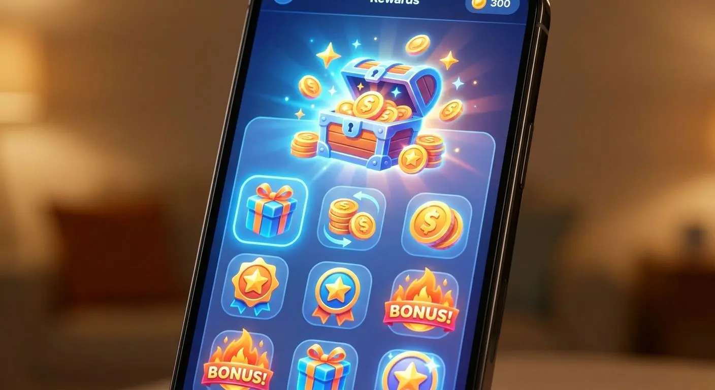Bonus-Symbole und Belohnungen auf einem Smartphone-Bildschirm