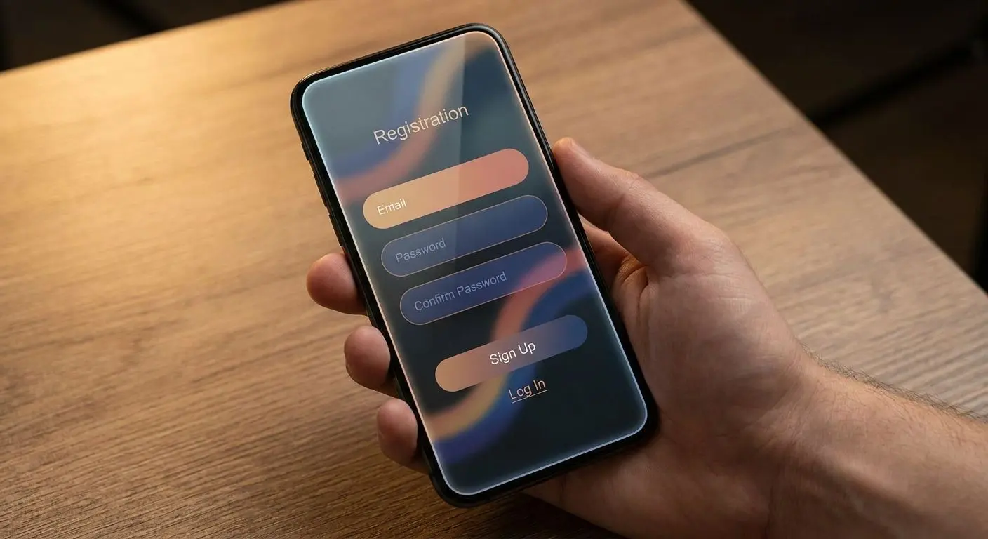 Registrierungsformular und Login-Screen in mobiler App-Ansicht