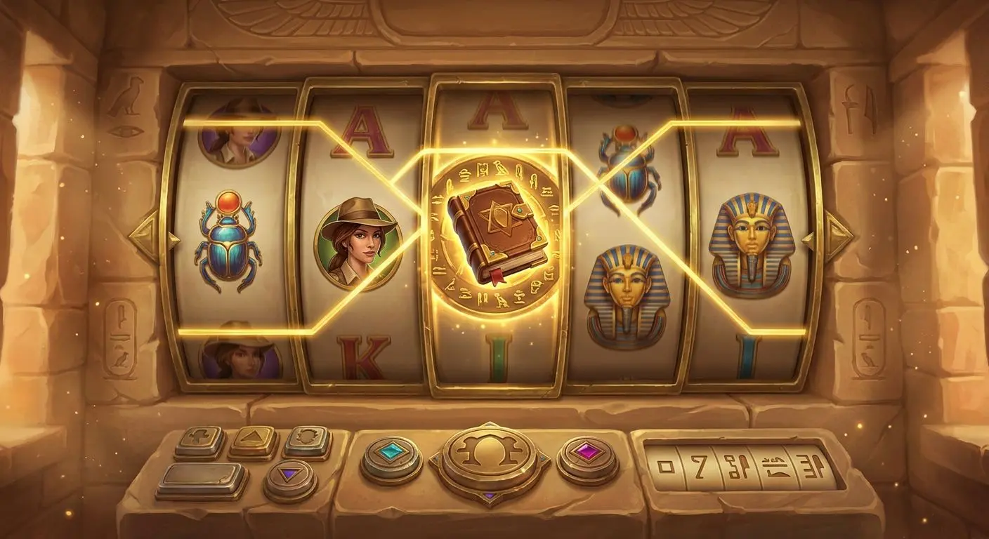 Walzen eines ägyptischen Slots mit hervorgehobenem Buchsymbol