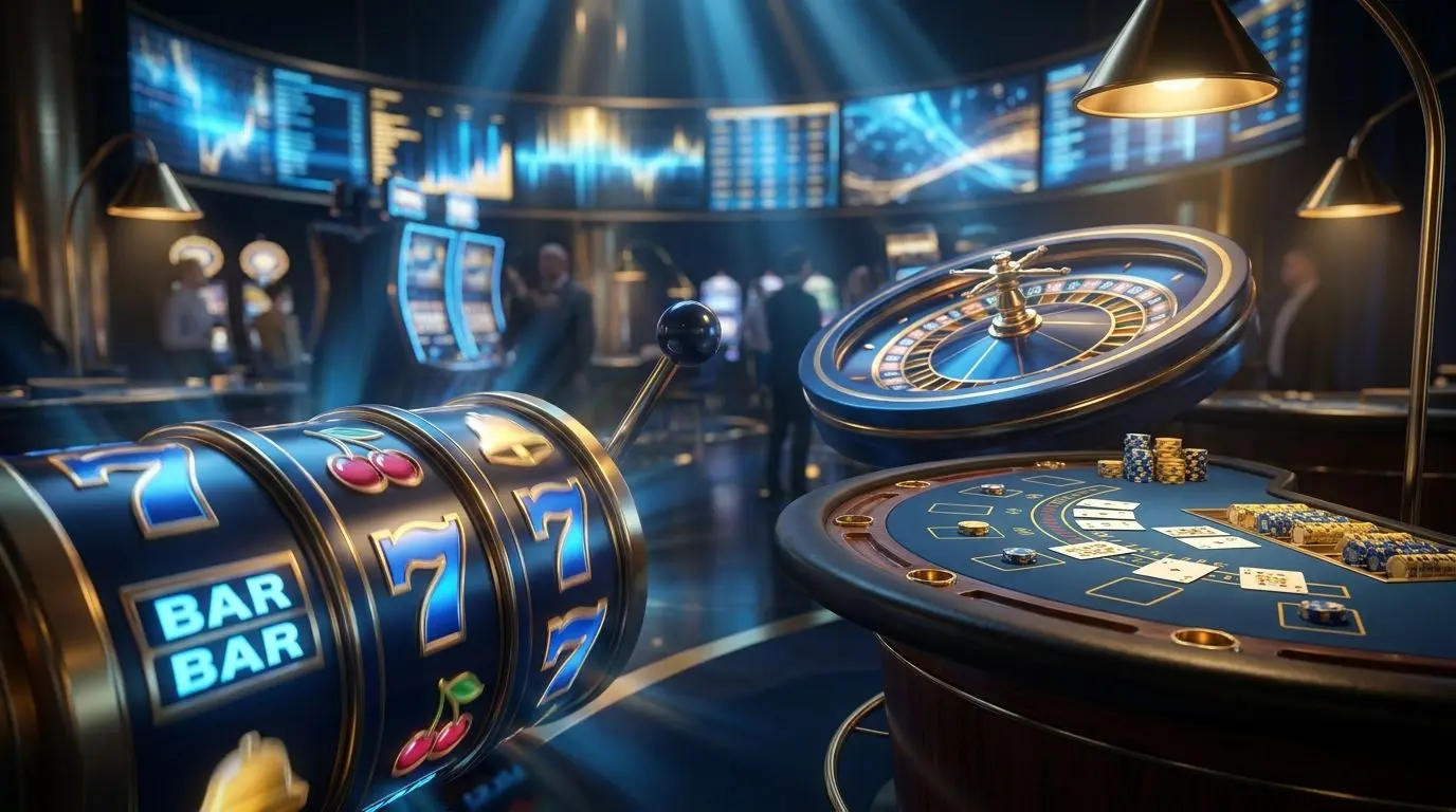 Slot-Reel, Blackjack-Tisch und Roulette-Rad als Symbol für Spielvielfalt
