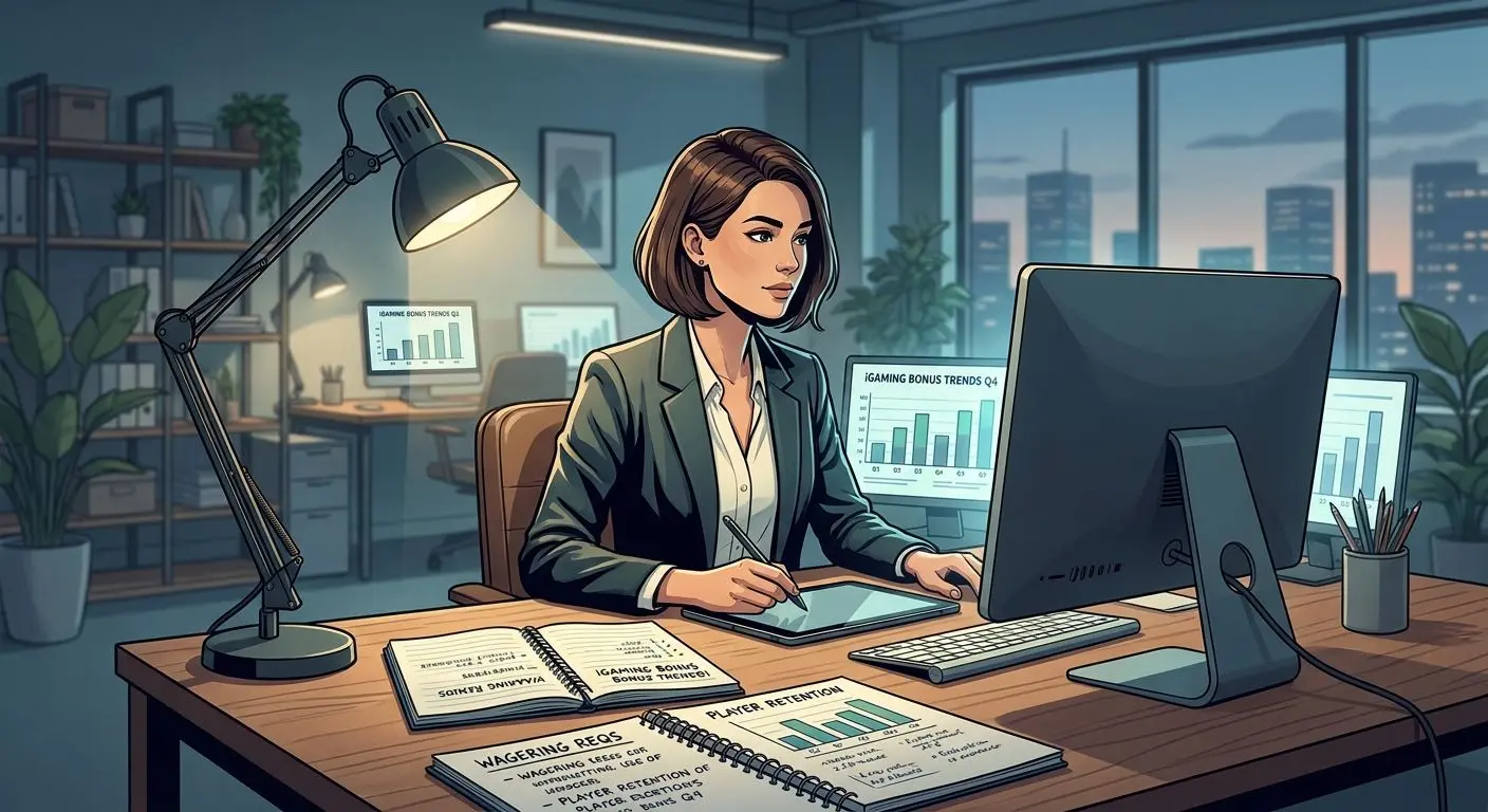 Illustration eines neutralen iGaming-Analysten bei der Recherche