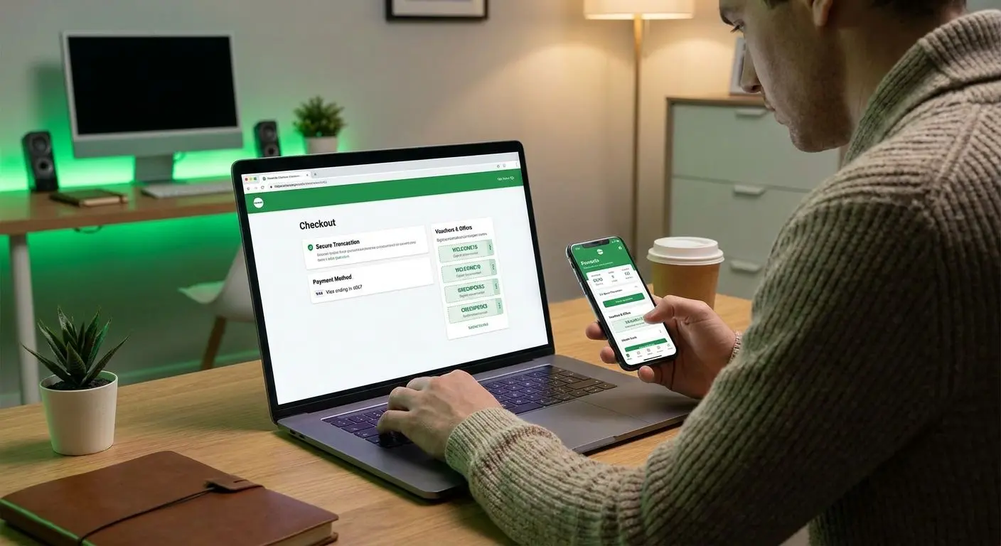 Einzahlung und Gutscheinbereich auf Laptop und Smartphone