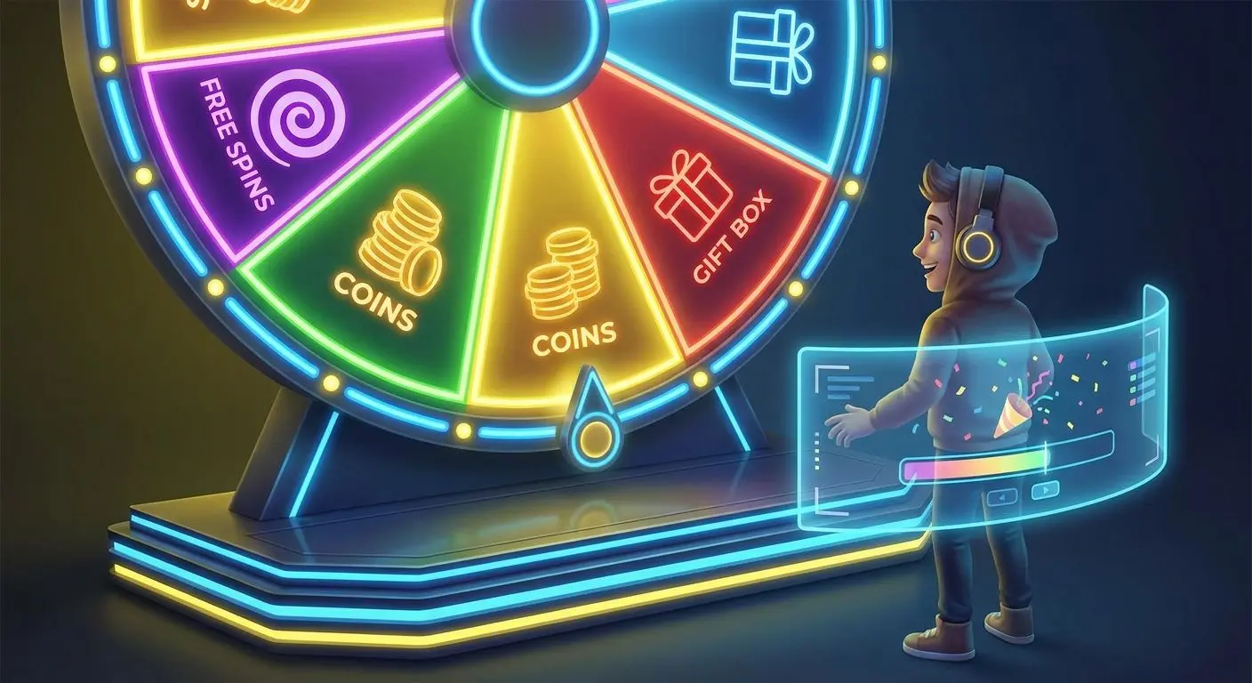 Großes buntes Prize-Twister-Rad mit Spieler und sichtbarem Gewinnmoment