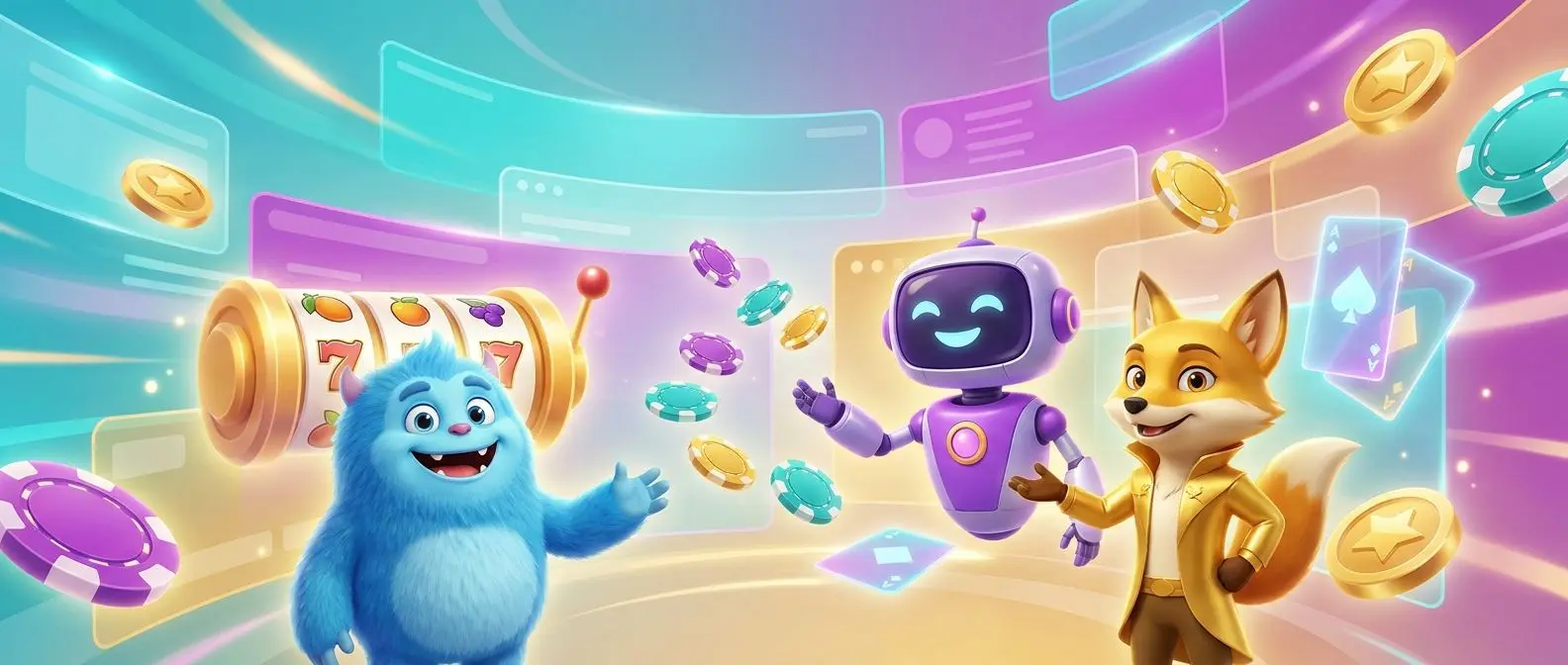 Willkommensbanner zur PlayOJO Registrierung mit Spielfiguren und Vorteils-Symbolen