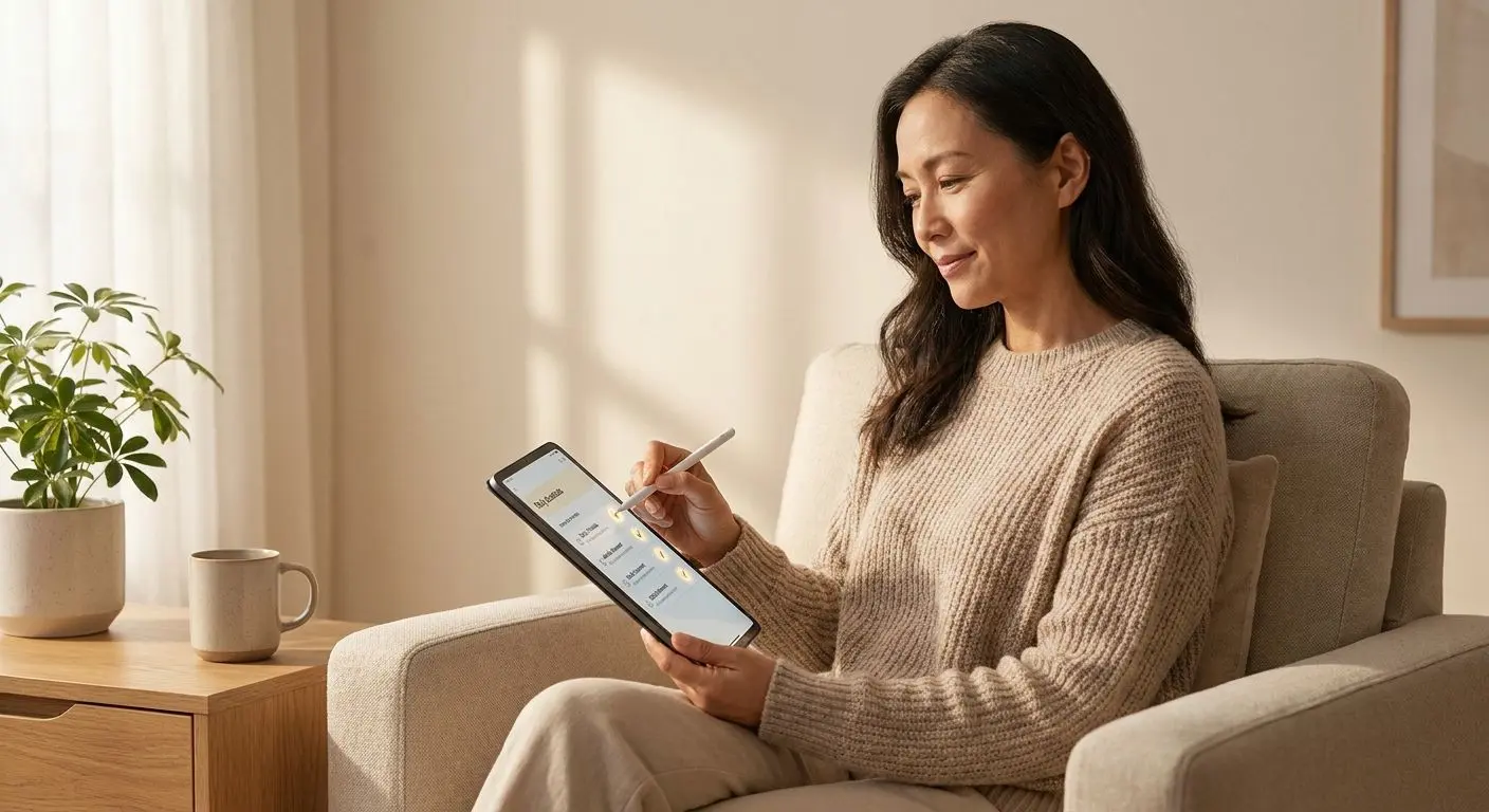 Selbsttest und Selbstreflexion Person füllt ruhig einen Selbsttest auf einem Tablet aus