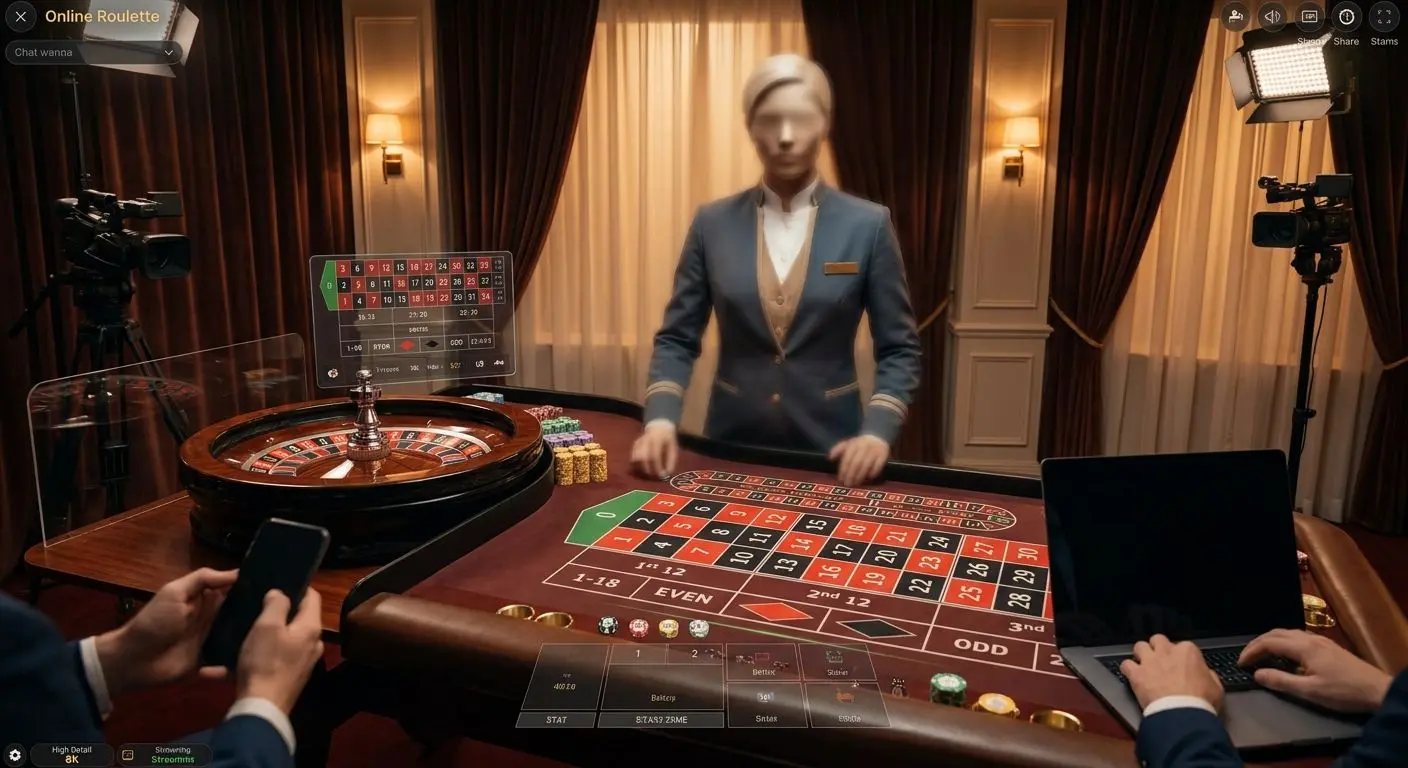 Live-Roulette-Tisch aus Spielerperspektive mit stilisiertem Croupier