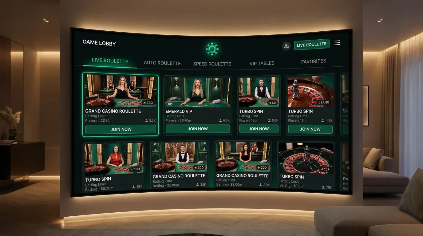 Übersicht einer Online-Roulette-Lobby mit mehreren auswählbaren Tischen