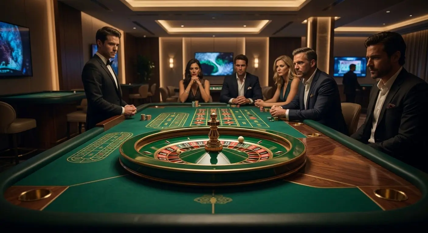 Atmosphärischer Roulette-Tisch in moderner Online-Umgebung mit fallender Kugel