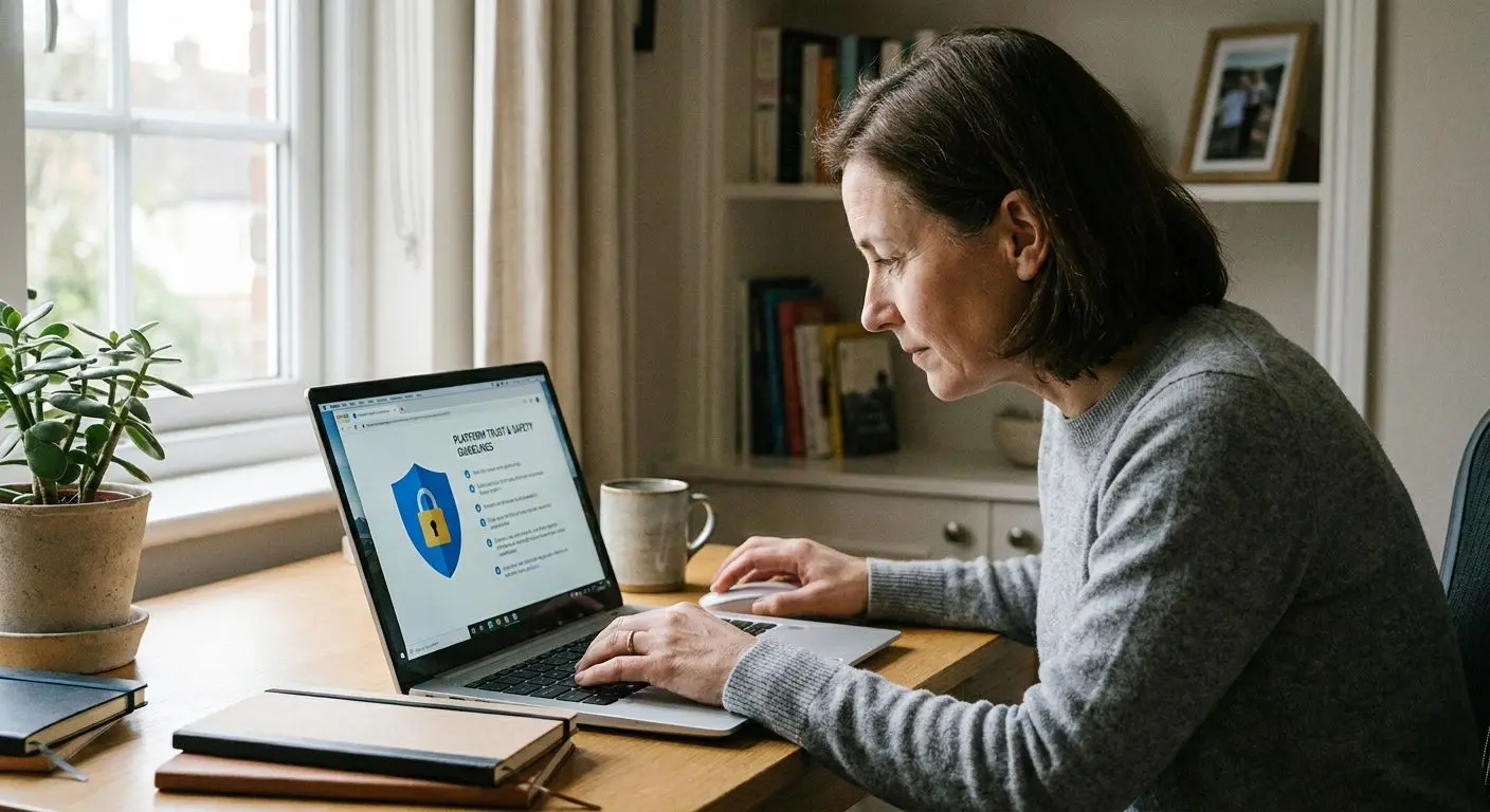 Nutzer prüft am Laptop Sicherheit und Seriosität einer Online-Plattform