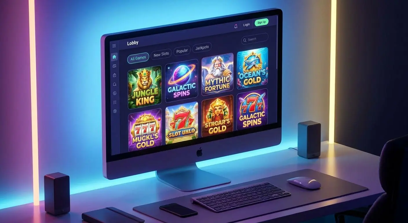 Übersicht einer Slot-Lobby mit mehreren Spielkacheln und Filtern