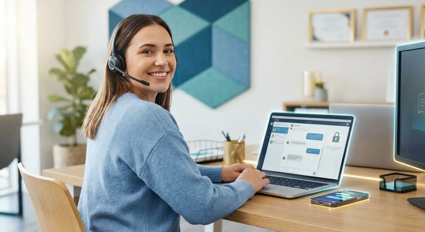 Freundlicher Support mit Headset, Laptop und Smartphone für schnelle Online-Hilfe